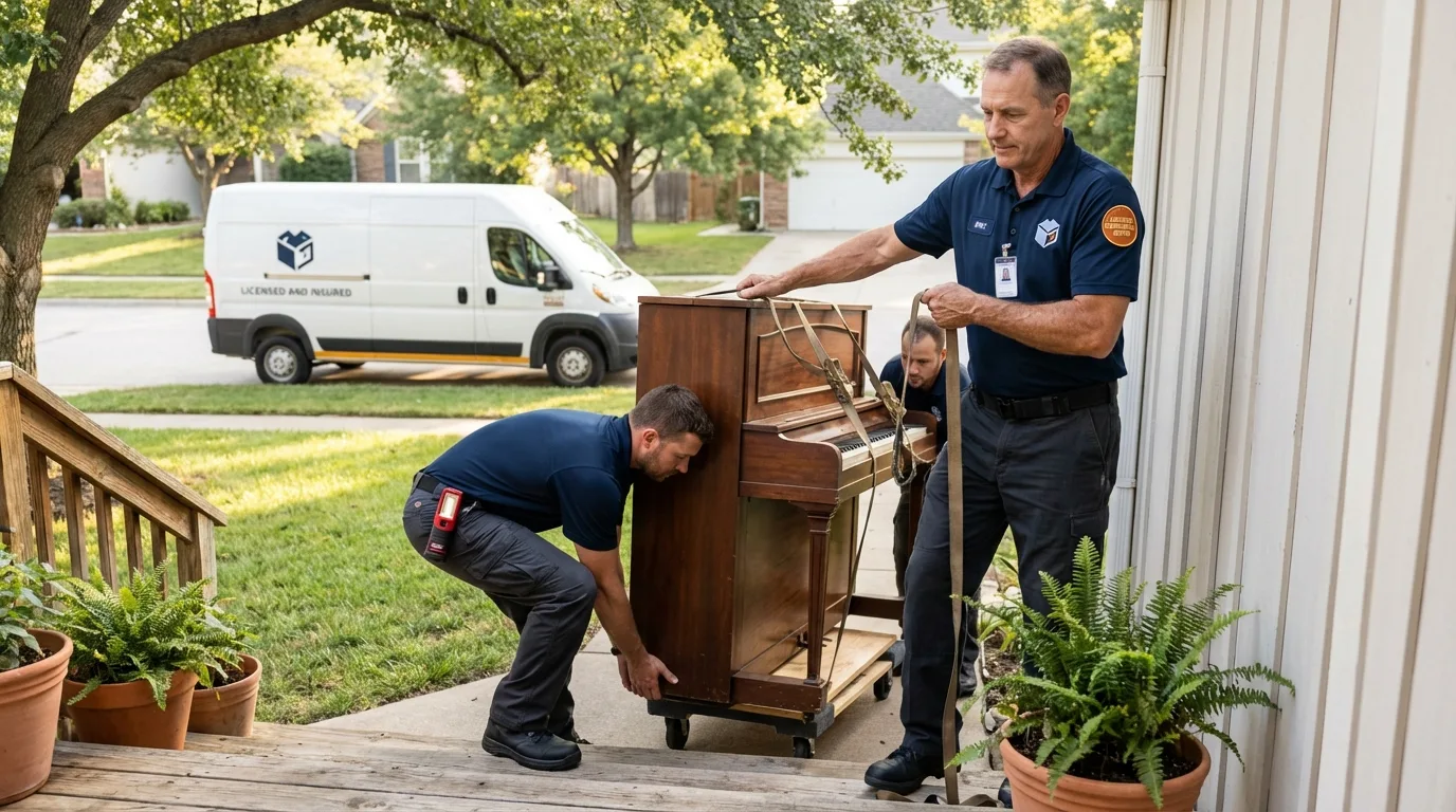 Licensed piano movers securing grand piano in Yerington, NV