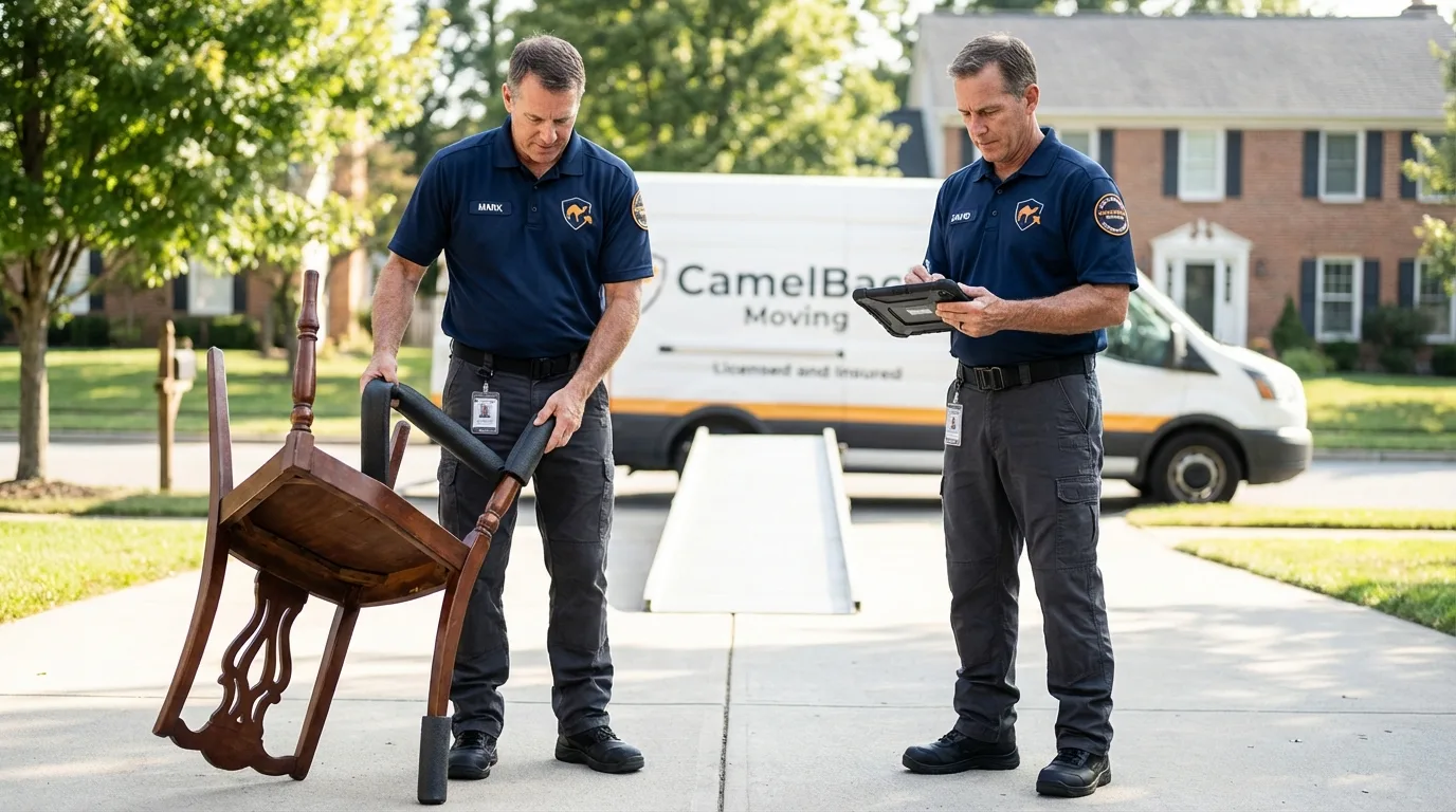 Movers inspecting furniture for damage prevention before loading in Yerington, NV