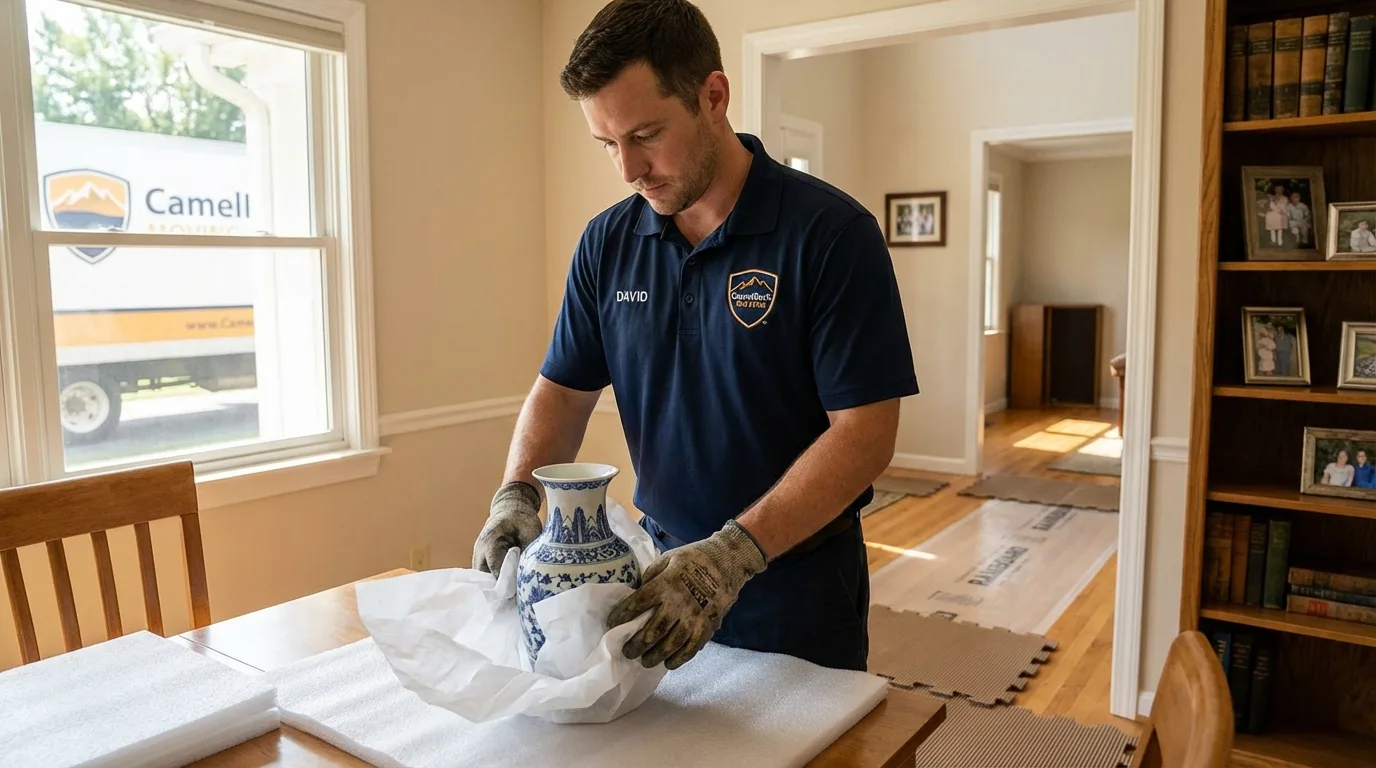 Professional crew carefully wrapping antique vase for senior downsizing move in Yerington, NV